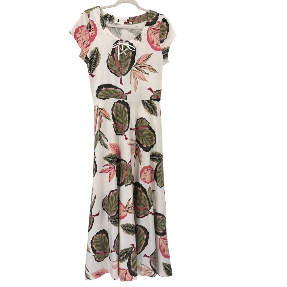 Chaps Ralph Lauren Women White Pink Green Tropical Leaf Cotton Maxi Dress M